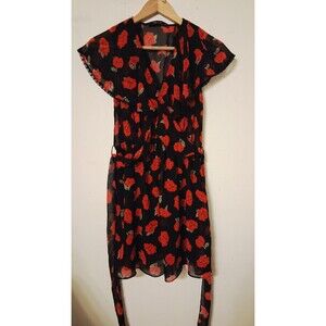 Womens Zara Basic Black And Red Floral Short Sleeve Summer Dress Sz XS